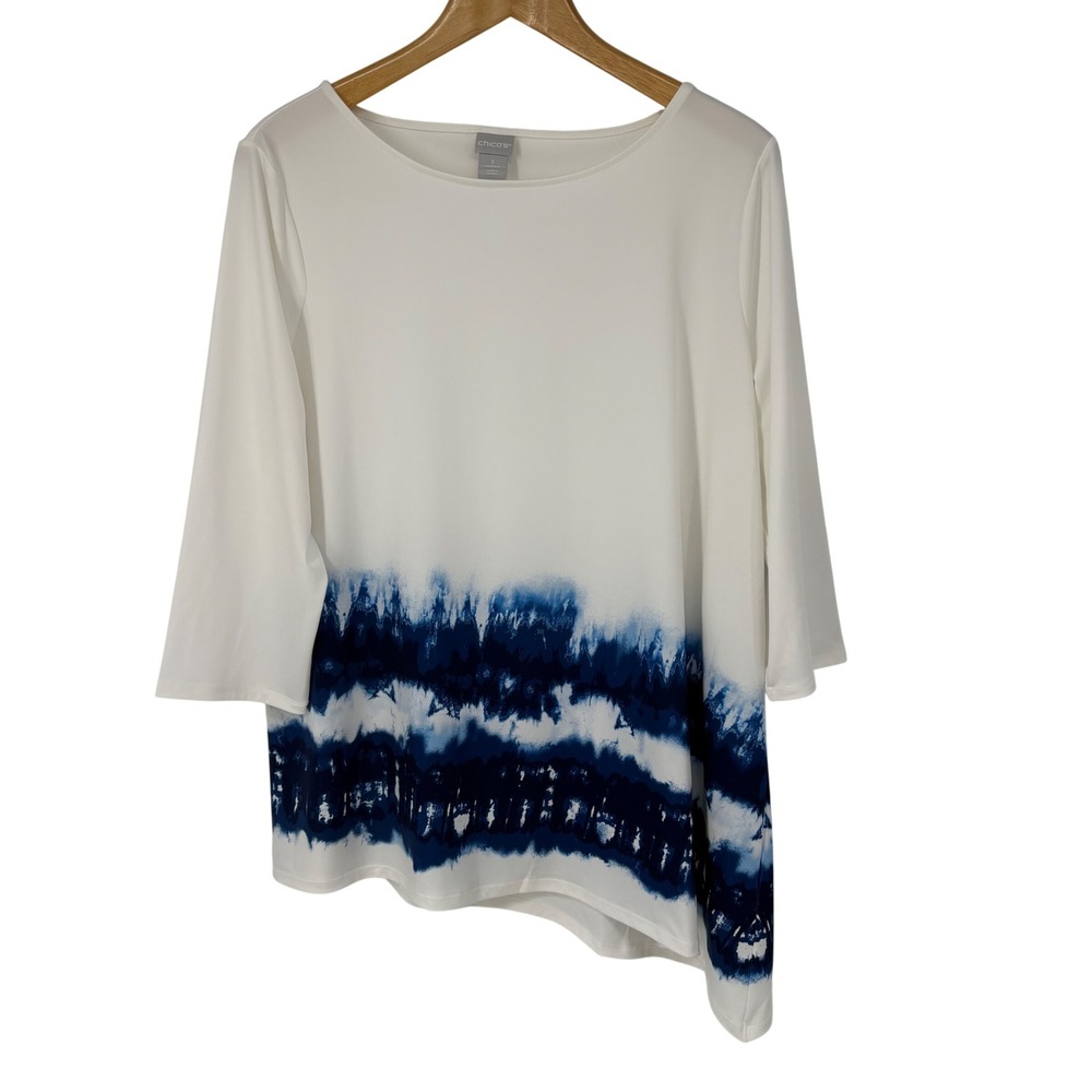 Chicos Artist Series White Blue Tie Dye Asymmetrical Hem Tunic Top XL 3 NEW - Picture 1 of 9
